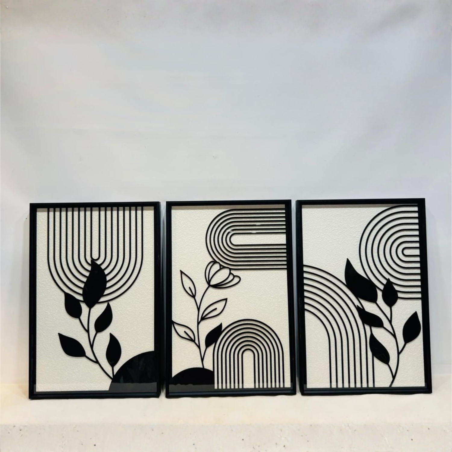 Modern Abstract Botanical Wall Art Frame Set with Aluminum & Glass (3 Pieces)