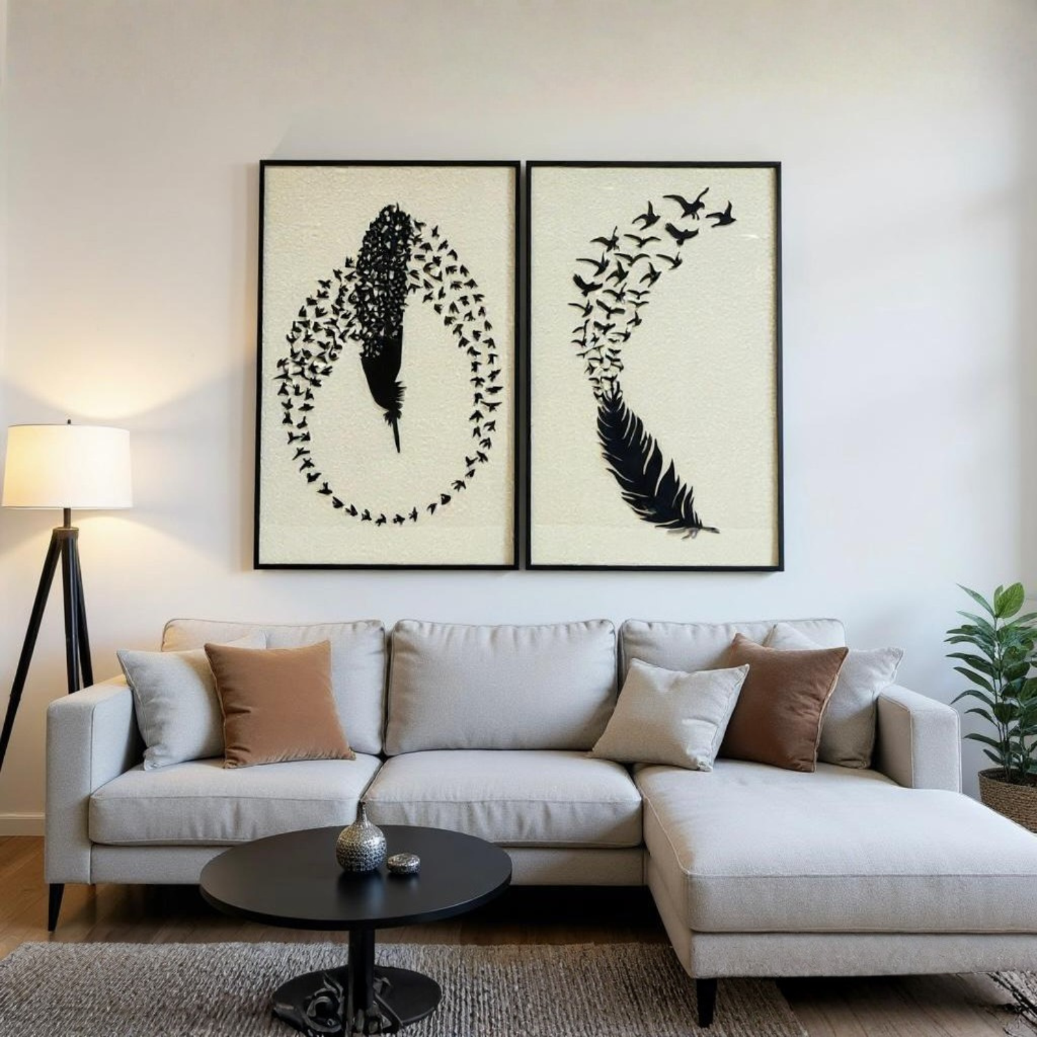 Modern Feather & Flying Birds Metal Wall Art (2-Piece Set)