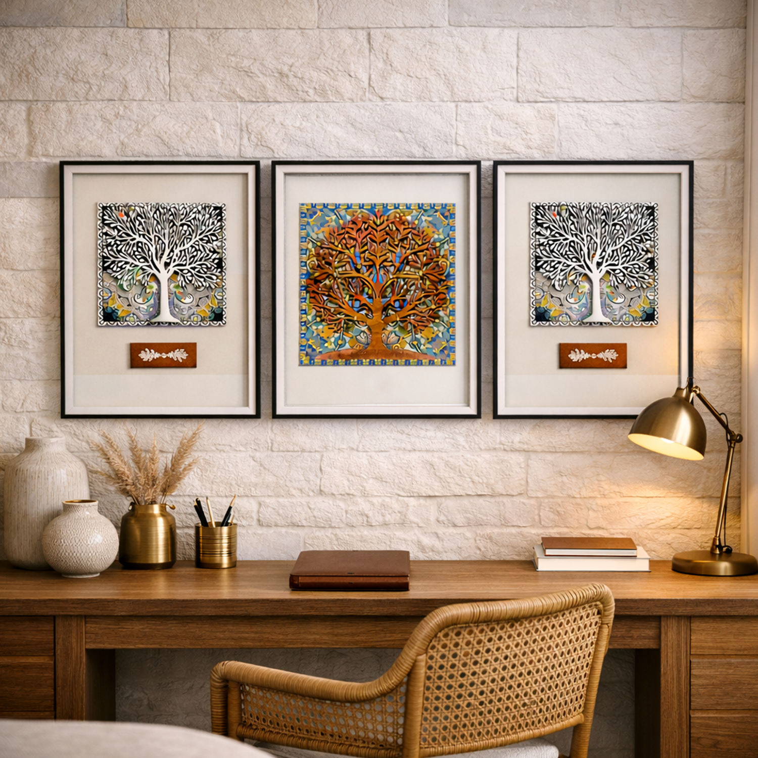 Eternal Roots: 3 Piece Set Glass Frame Tree of Life Mosaic Art