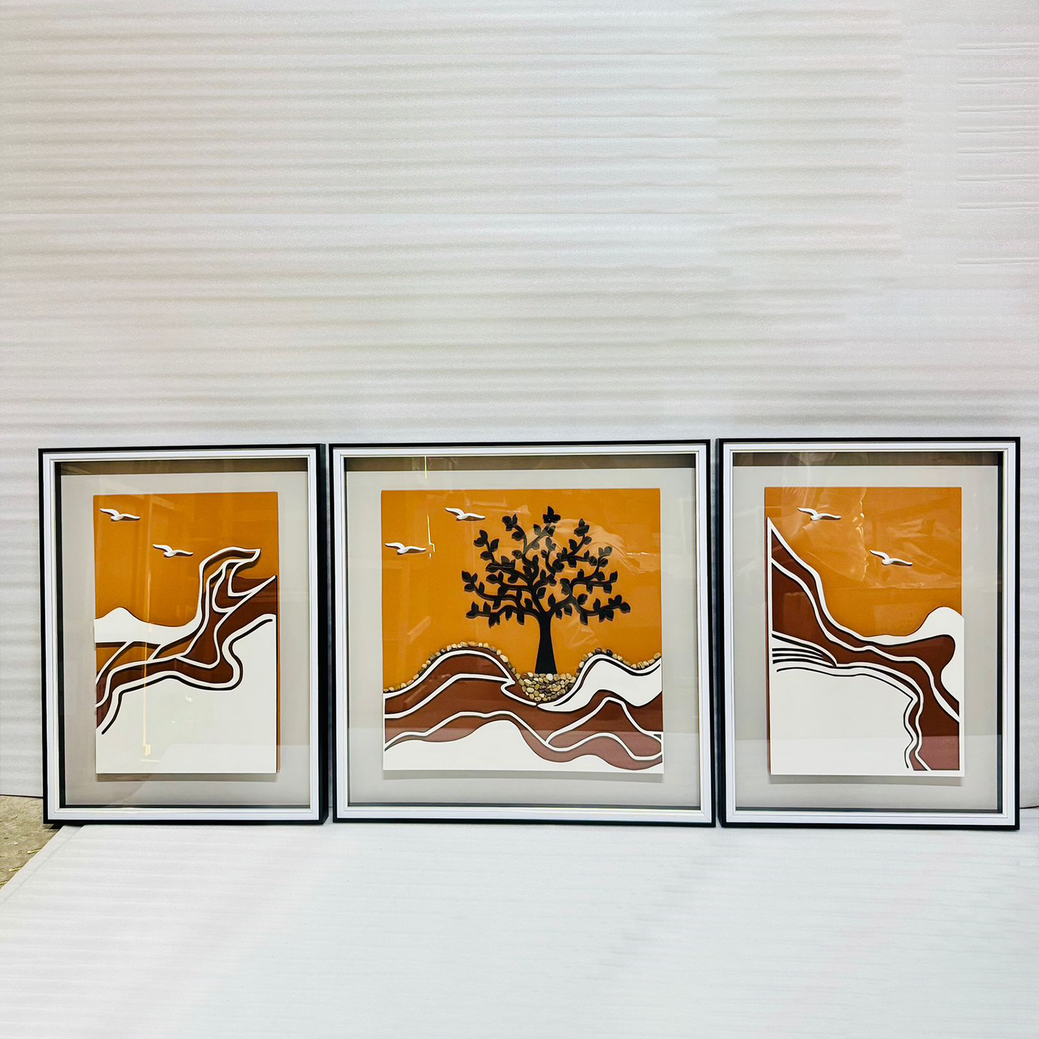 Golden Horizon: 3 piece set glass frame Abstract Nature Landscape