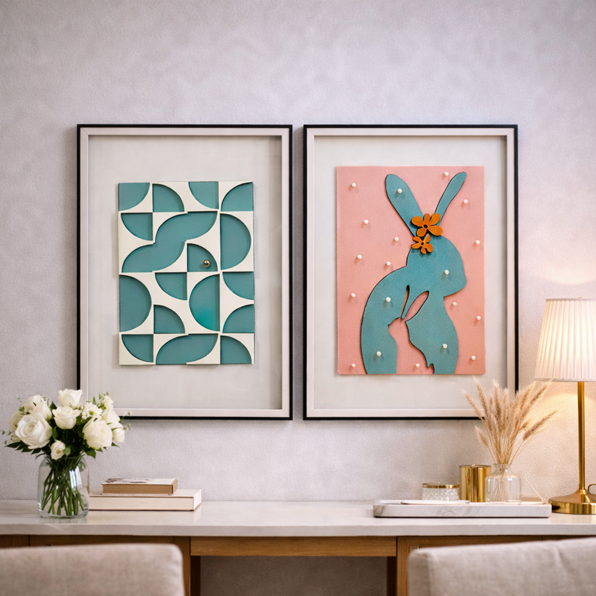 Geometric Glass Rabbit Modern Geometric and Whimsical Rabbit 3D Art Set in Glass Frame – VIIVAZ