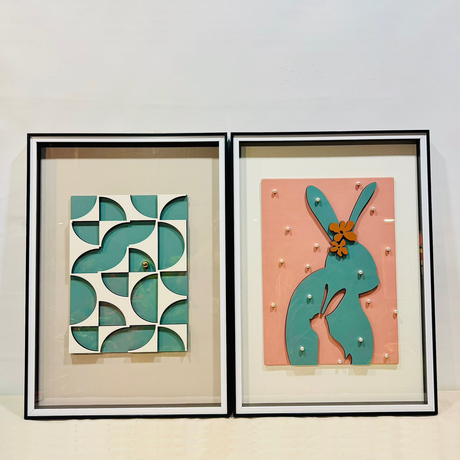 Modern Geometric and Whimsical Rabbit 3D Art Set in Glass Frame