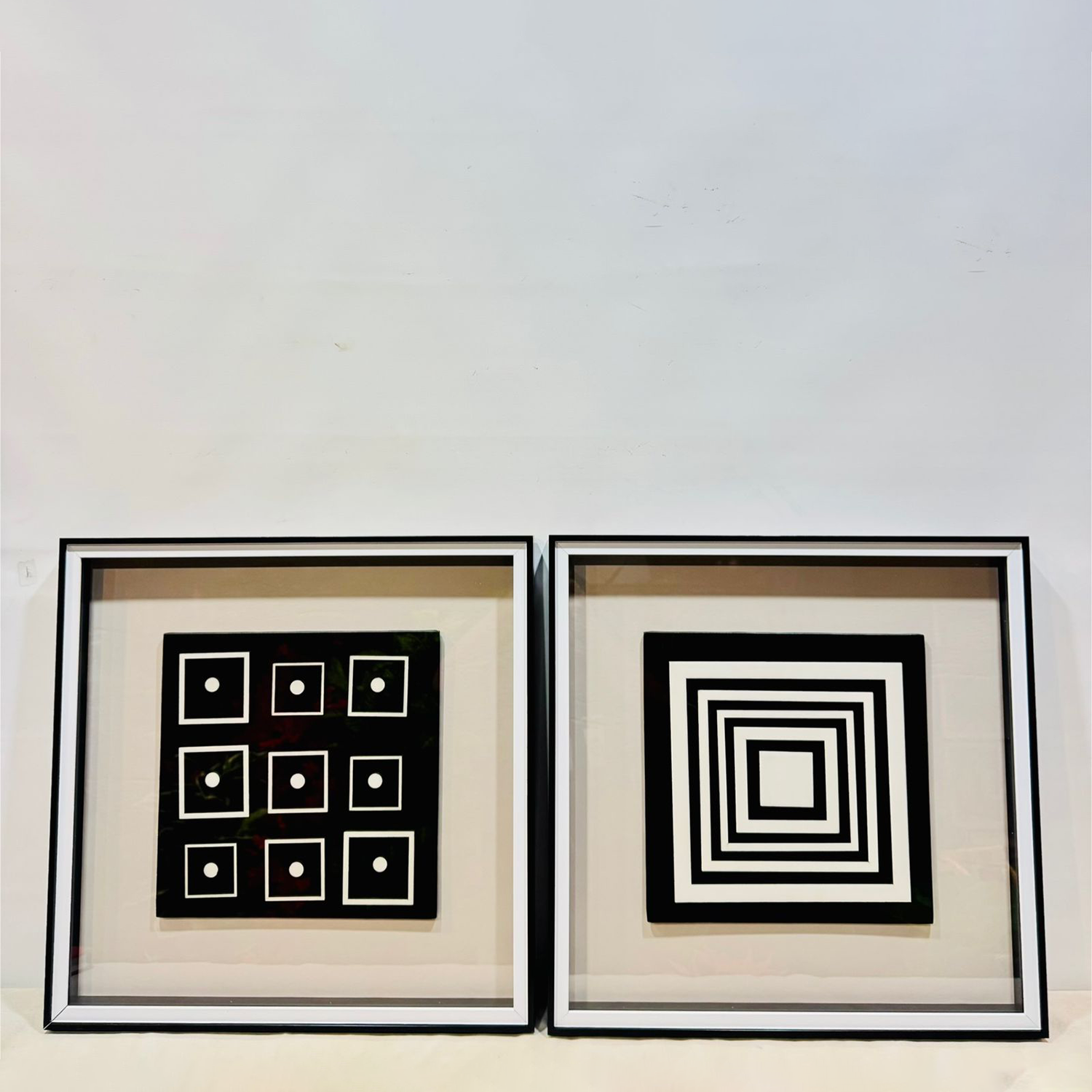 Geometric Abstract Black and White Square Art - Double Glass Frame Set