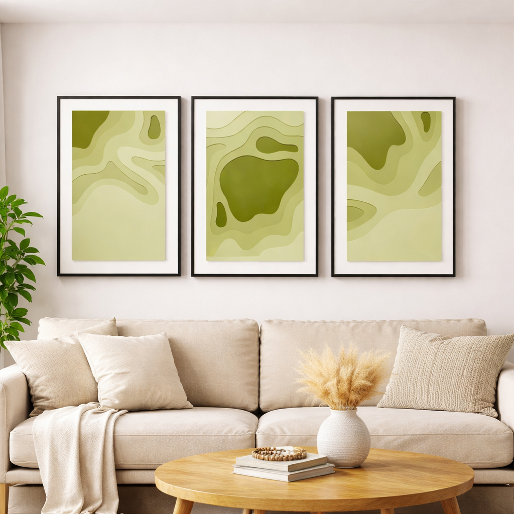 Abstract Green Wall Art Set of 3 – Modern Botanical Prints for Living Room Decor Metal Aluminium Frame