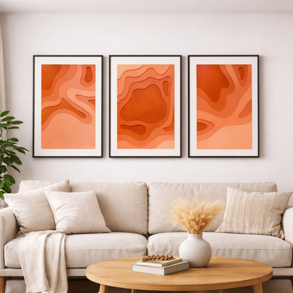 Organic Flow in Terracotta – Contemporary Wall Art Trio Metal Aluminium Frame