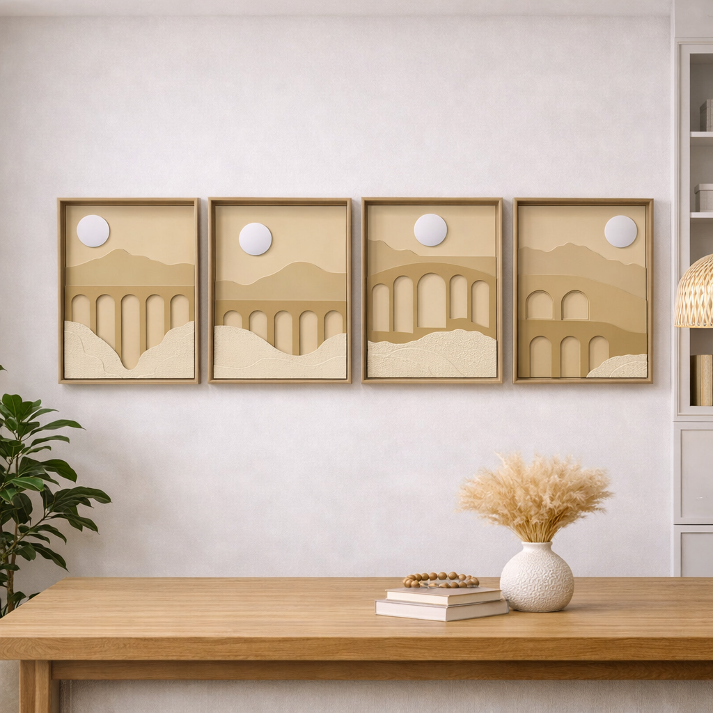 Minimalist Beige Abstract Landscape Wall Decor – Framed Art (4 Pieces)