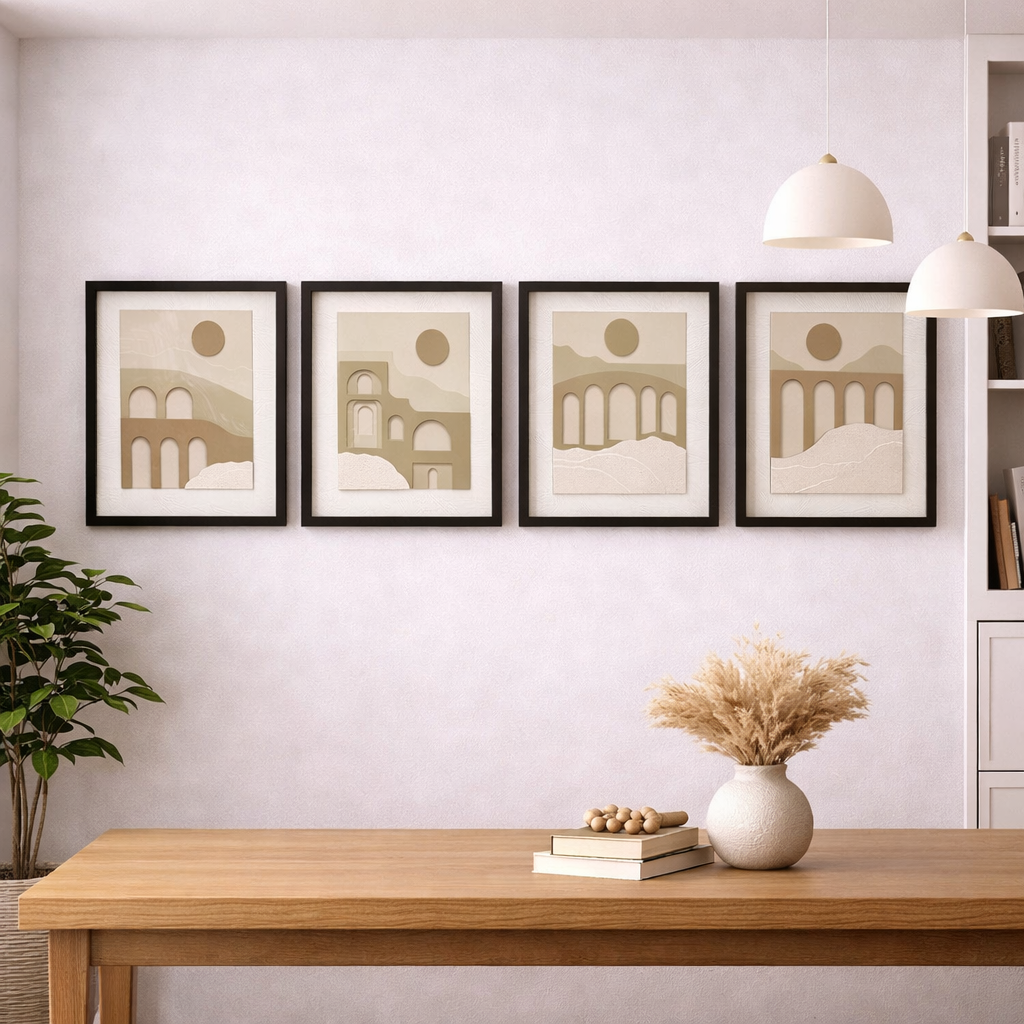 Abstract & Modern Architectural Landscape Wall Art – Glass Frame Decor (4 Piece Set)