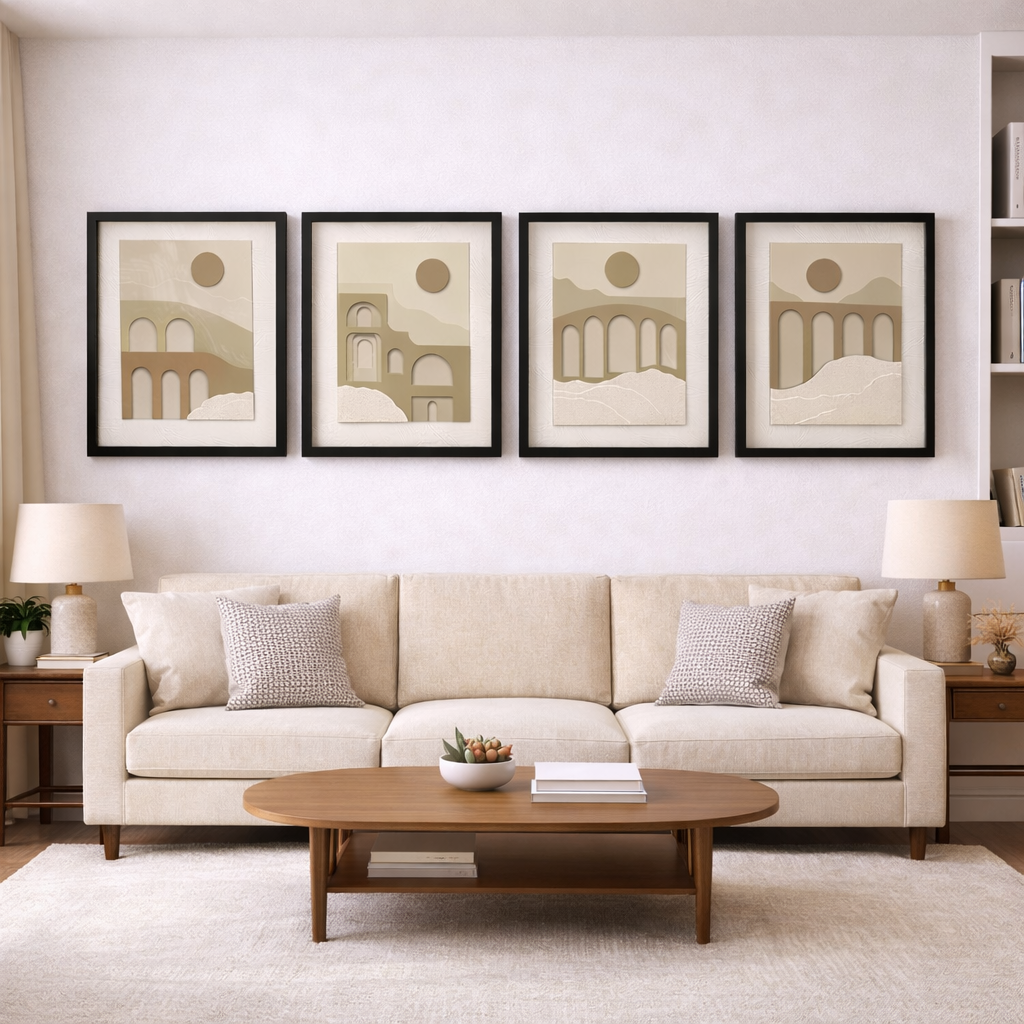 Abstract & Modern Architectural Landscape Wall Art – Glass Frame Decor (4 Piece Set)