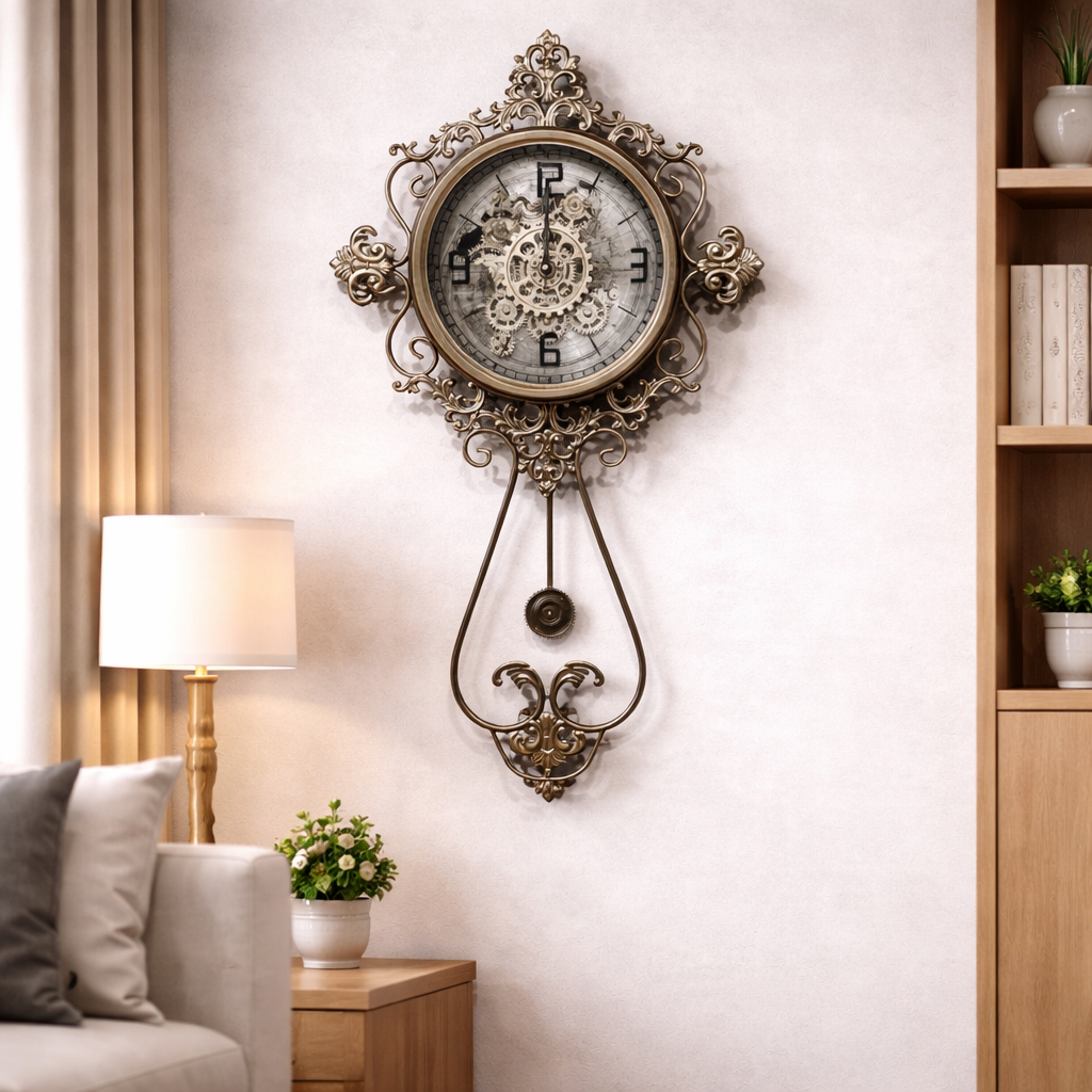 Vintage Ornate Pendulum Wall Clock with Exposed Gears