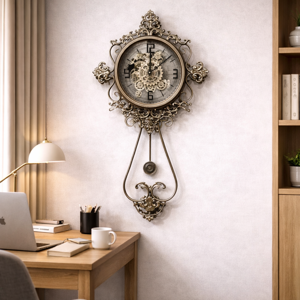 Vintage Ornate Pendulum Wall Clock with Exposed Gears