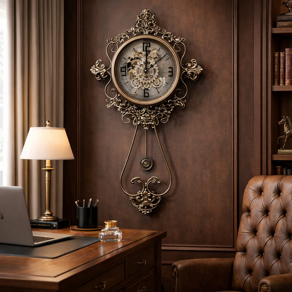 Vintage Ornate Pendulum Wall Clock with Exposed Gears