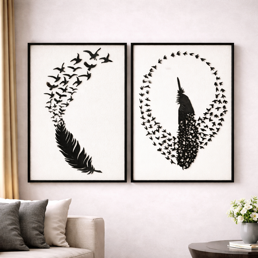 Modern Feather & Flying Birds Metal Wall Art (2-Piece Set)