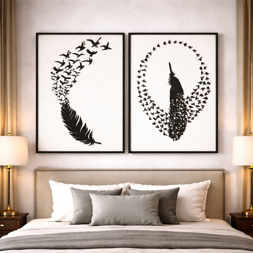 Modern Feather & Flying Birds Metal Wall Art (2-Piece Set)