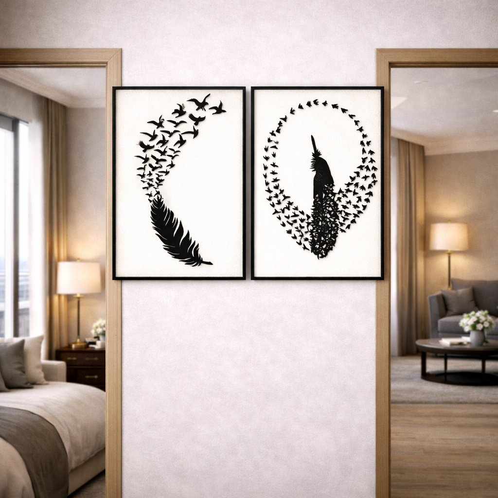 Modern Feather & Flying Birds Metal Wall Art (2-Piece Set)