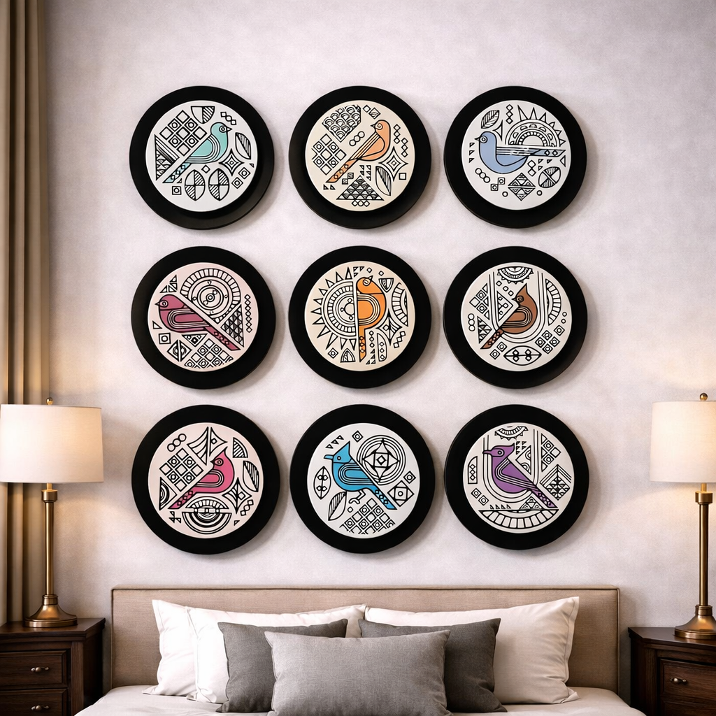 Tribal Bird Motif Metal Wall Art Set (9 Pieces) – Metal Finish