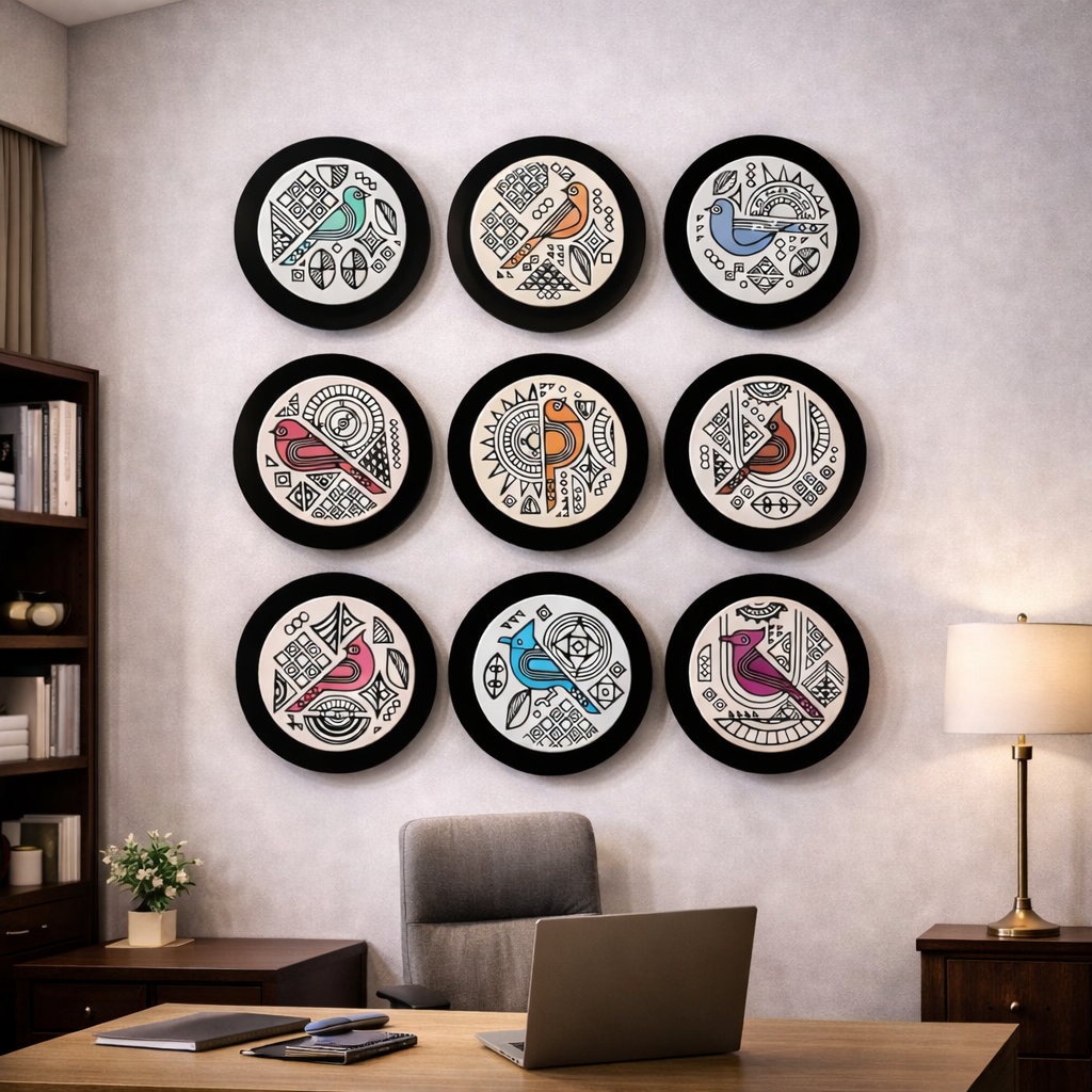 Tribal Bird Motif Metal Wall Art Set (9 Pieces) – Metal Finish