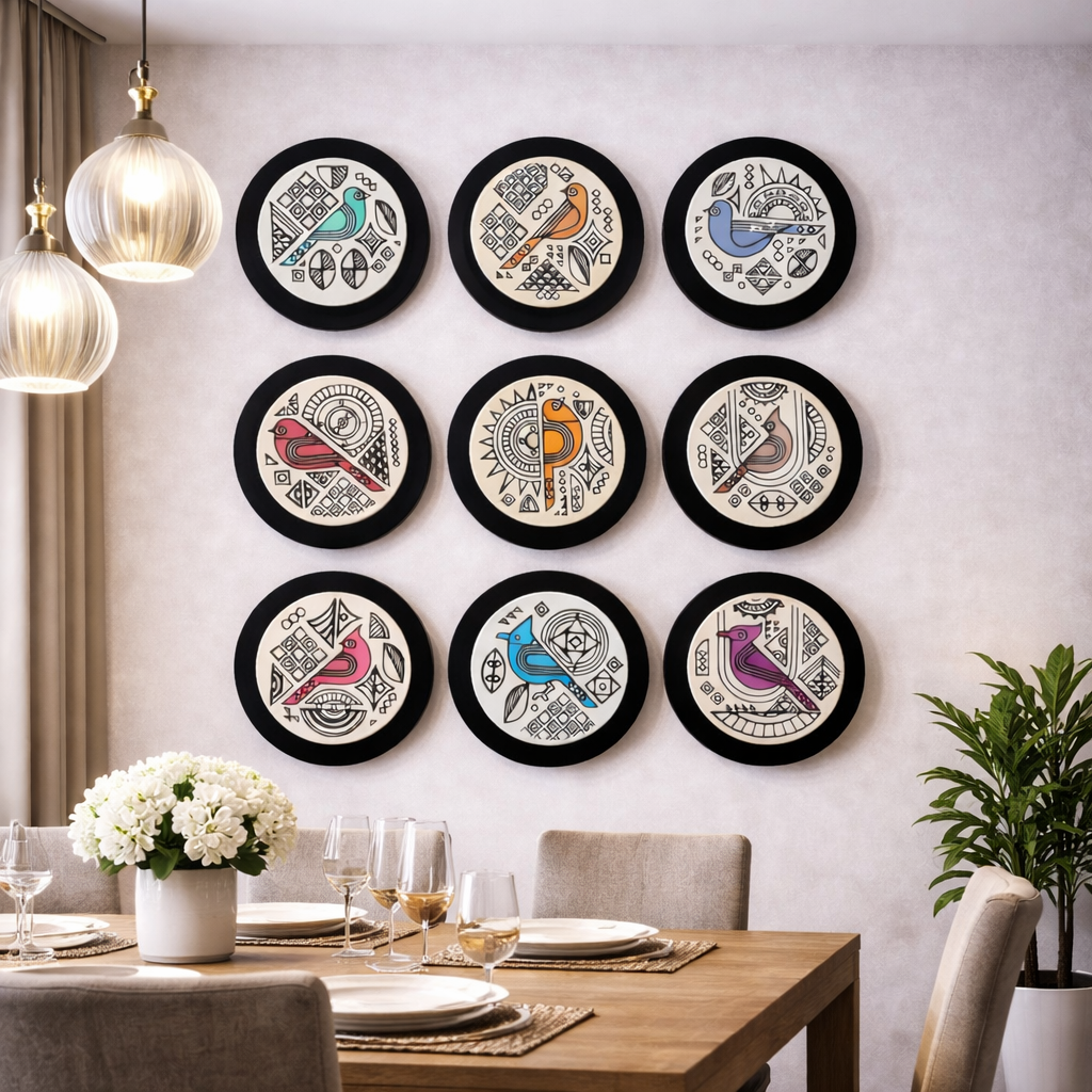 Tribal Bird Motif Metal Wall Art Set (9 Pieces) – Metal Finish