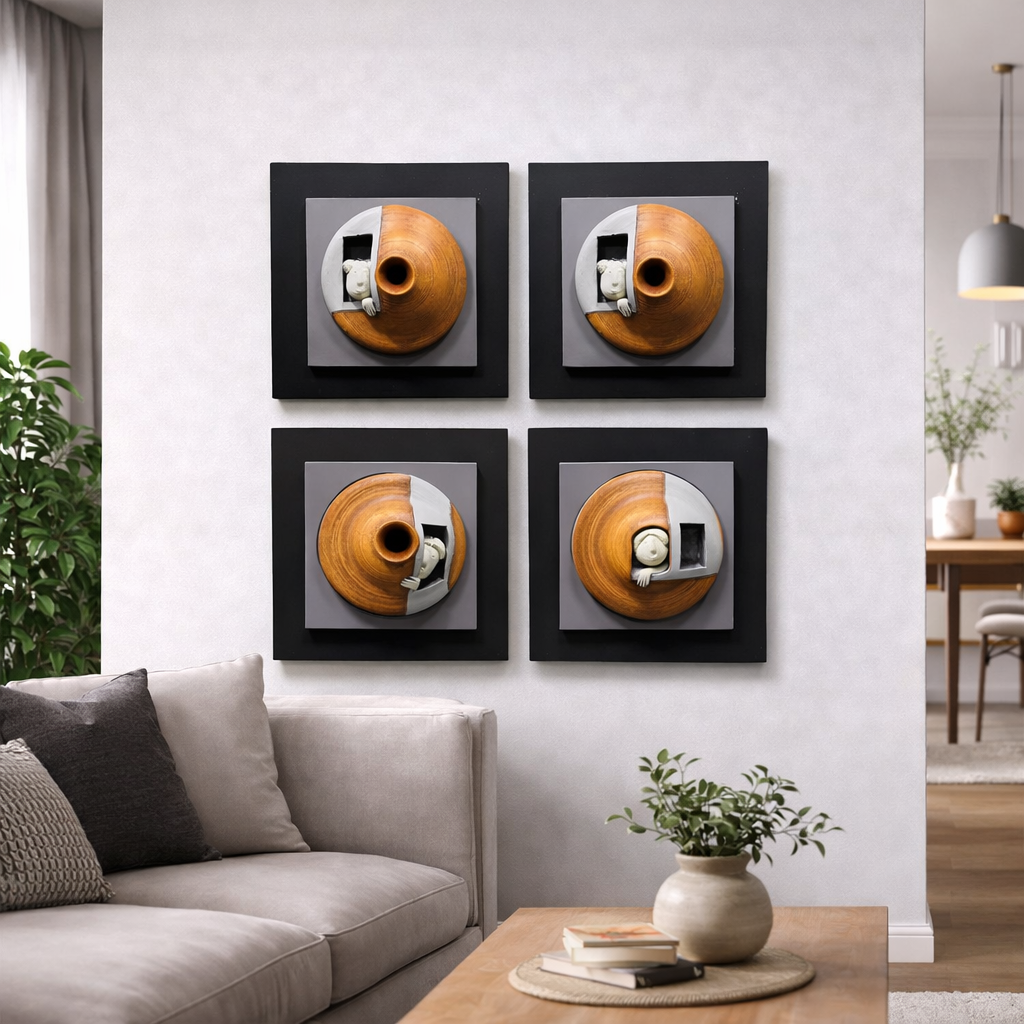 Modern Abstract Wood  Circular Wall Art Frame Set – 4 Piece Collection