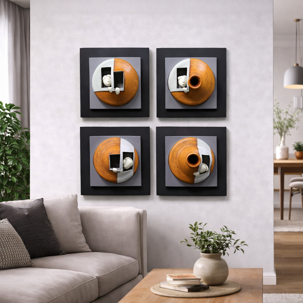 Modern Abstract Circular Wood Art Wall Frame Set – 4 Piece Collection