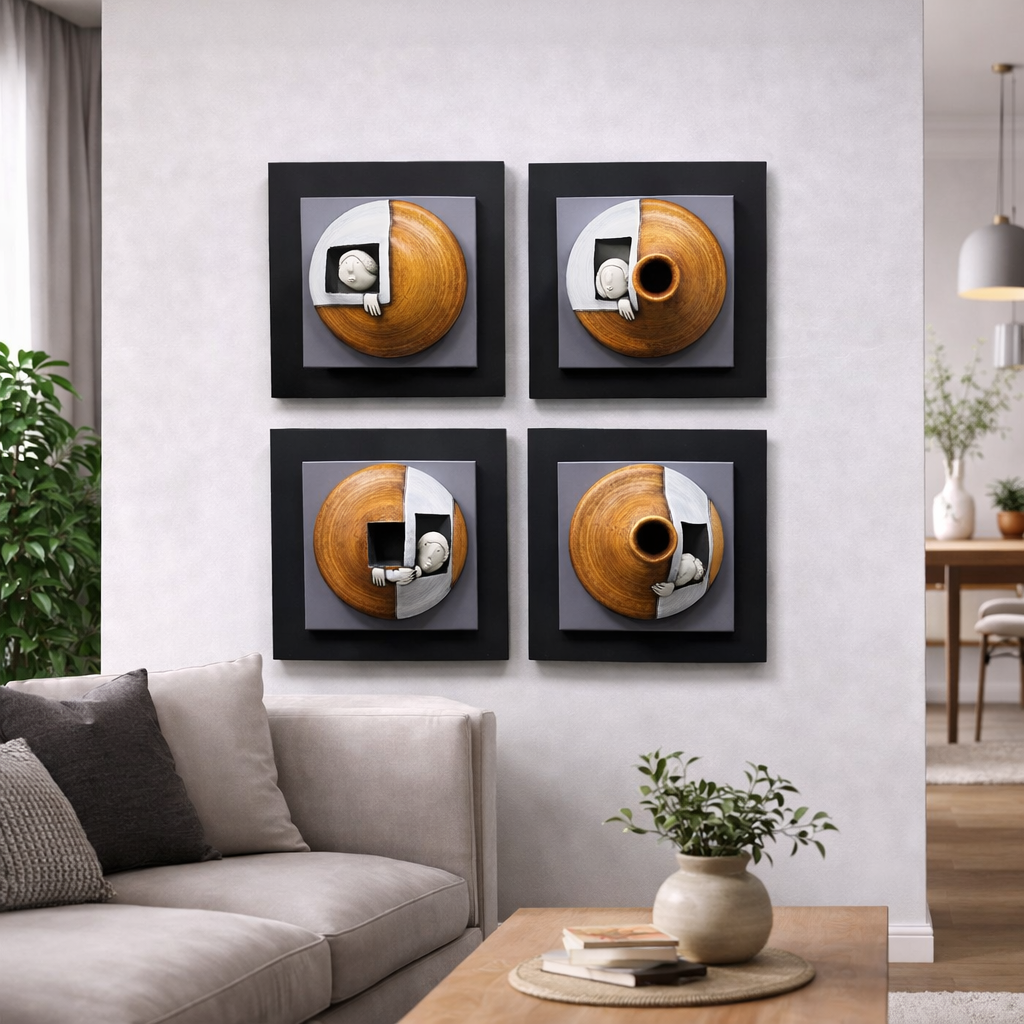 Modern Abstract Circular Wood Art Wall Frame Set – 4 Piece Collection