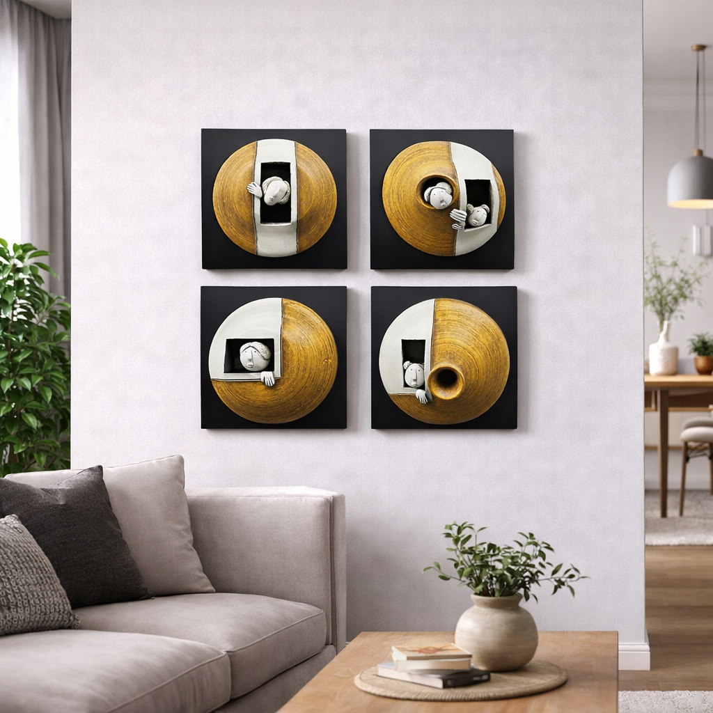 Modern Abstract Circular Wood Art Wall Frame Set – 4 Piece Collection