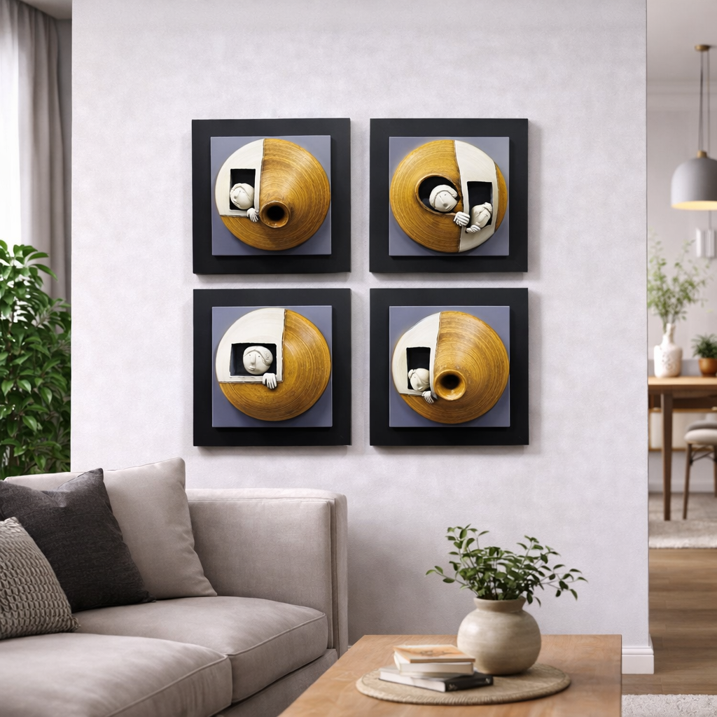 Modern Abstract Circular Wood Art Wall Frame Set – 4 Piece Collection