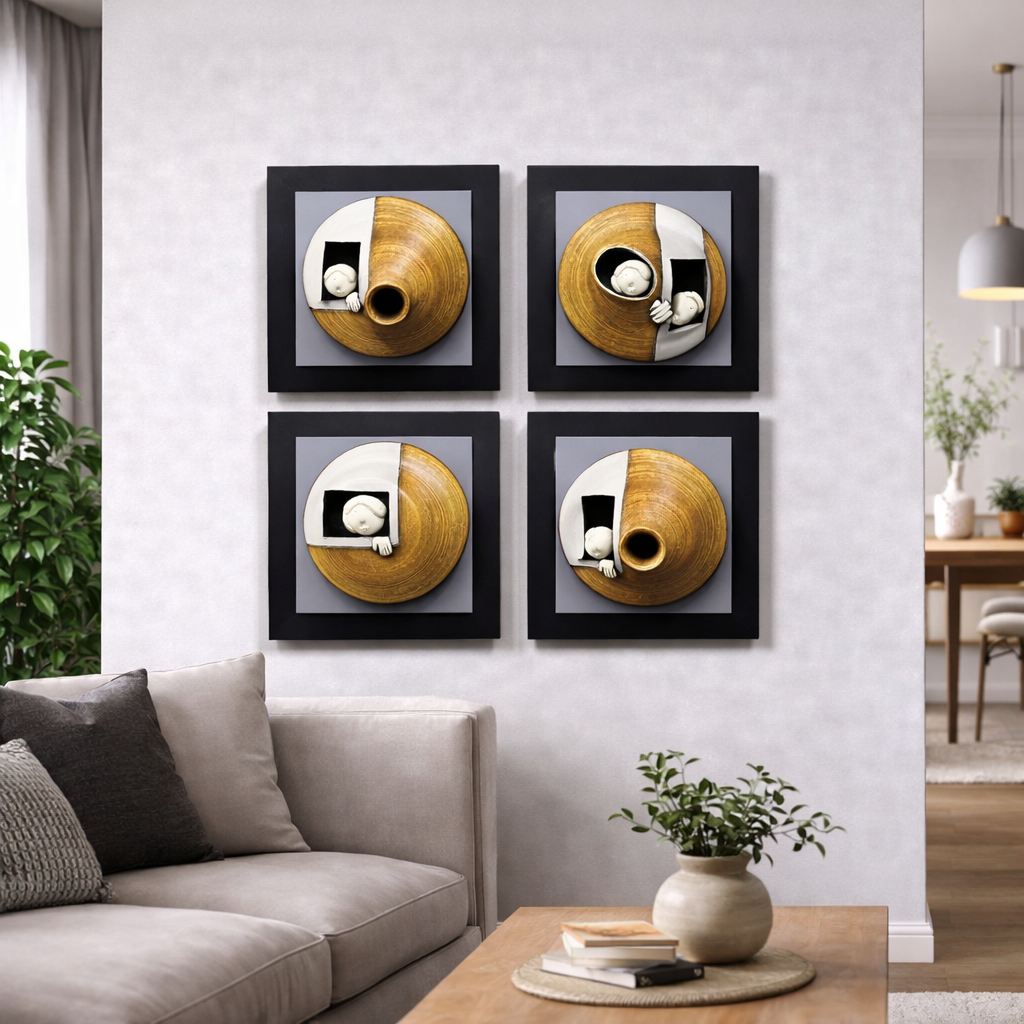 Modern Abstract Circular Wood Art Wall Frame Set – 4 Piece Collection