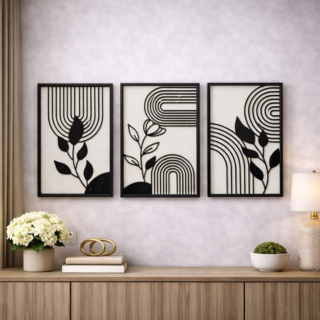 Modern Abstract Botanical Wall Art Frame Set with Aluminum & Glass (3 Pieces)
