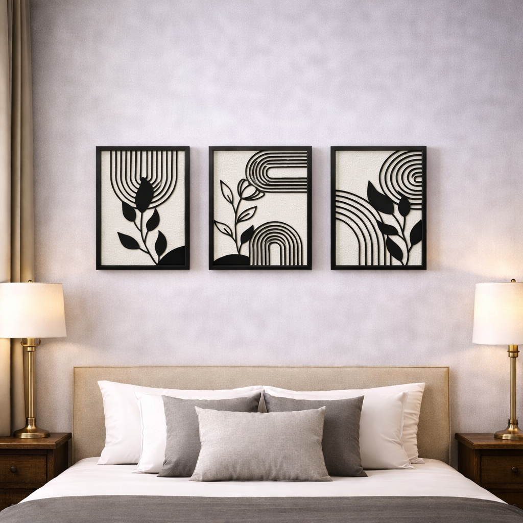 Modern Abstract Botanical Wall Art Frame Set with Aluminum & Glass (3 Pieces)