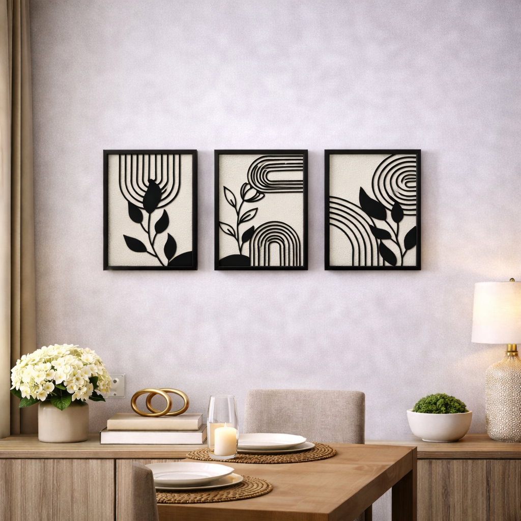 Modern Abstract Botanical Wall Art Frame Set with Aluminum & Glass (3 Pieces)