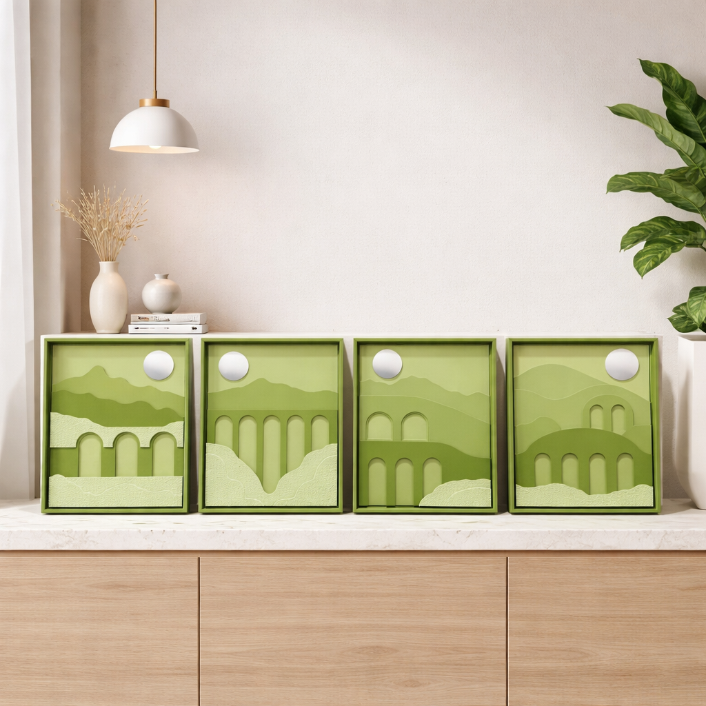 Modern Green Abstract Landscape Wall Art Frame Set (4 Pieces)