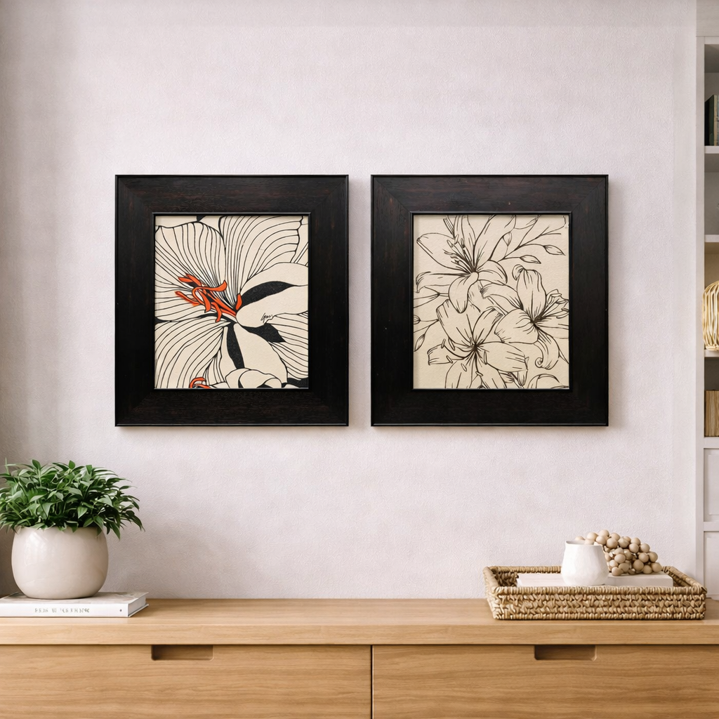 Modern Floral Line Art Wall Décor – Black Framed Art Set
