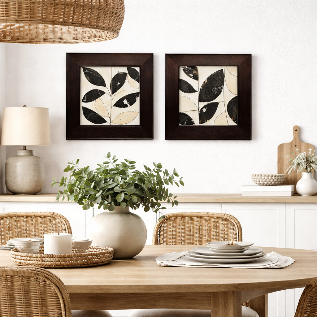 Modern Monochrome Leaf Pattern Framed Wall Art – 2 Piece Set