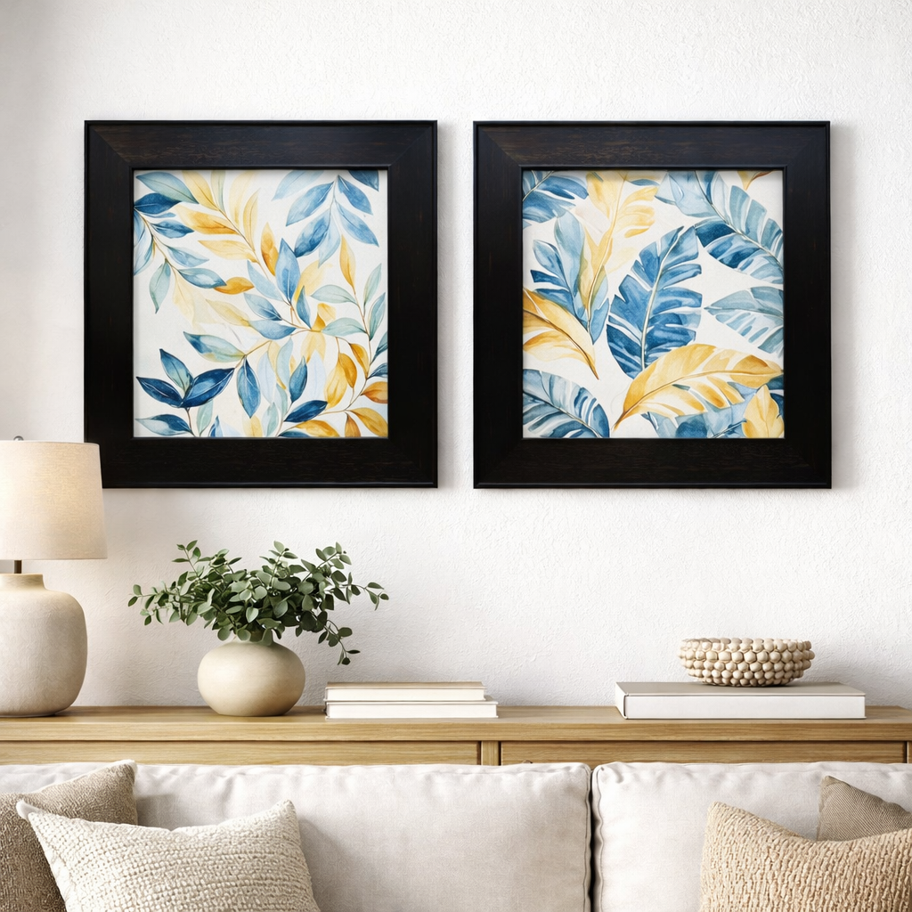 Modern Botanical Leaf Art with Black Wooden Frame – 2 Piece Wall Decor Set