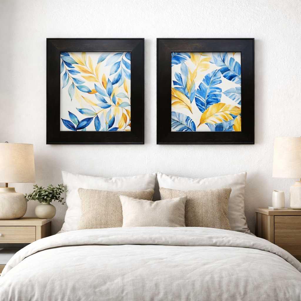 Modern Botanical Leaf Art with Black Wooden Frame – 2 Piece Wall Decor Set