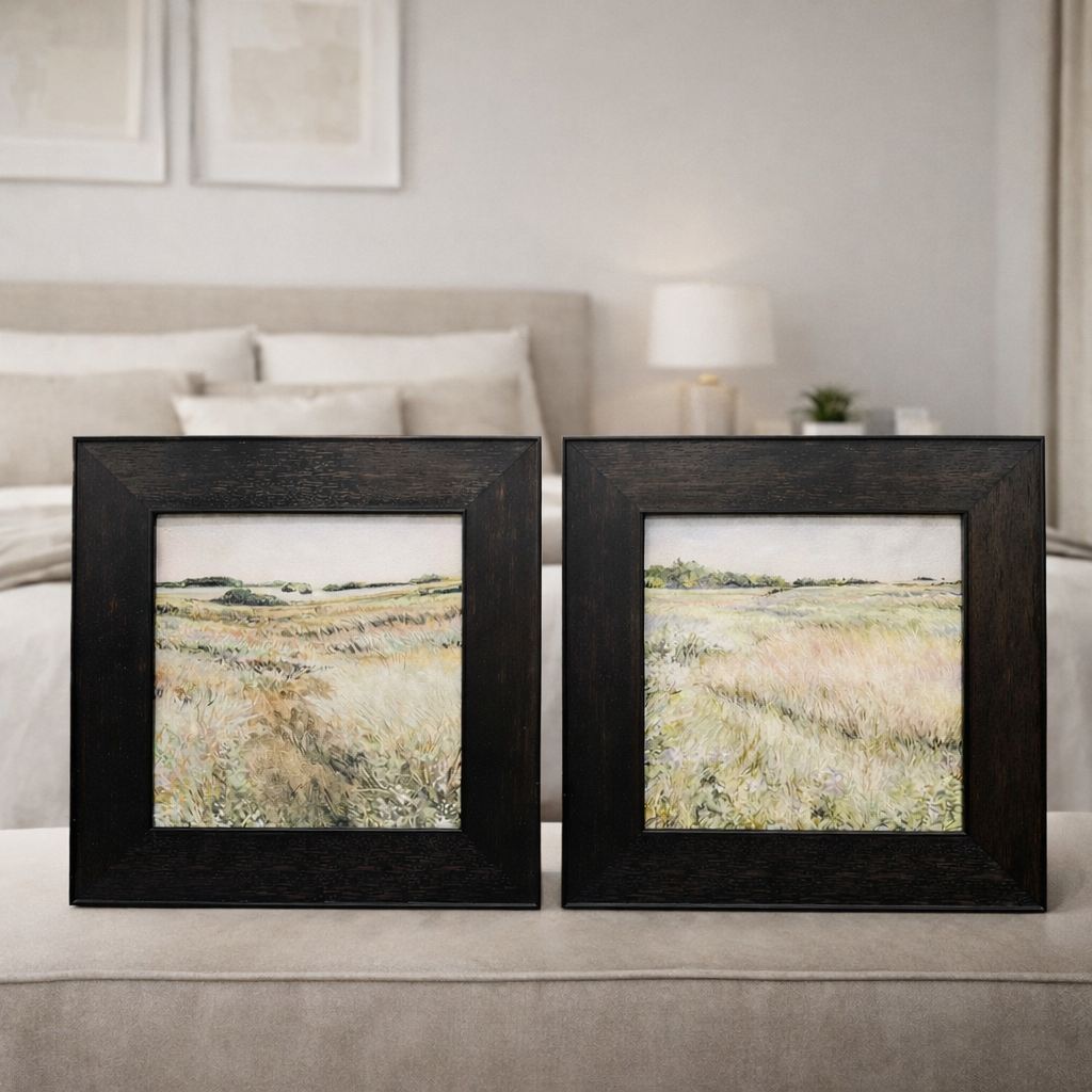 Serene Meadow Landscape Wall Art with Black Frame – Set of 2