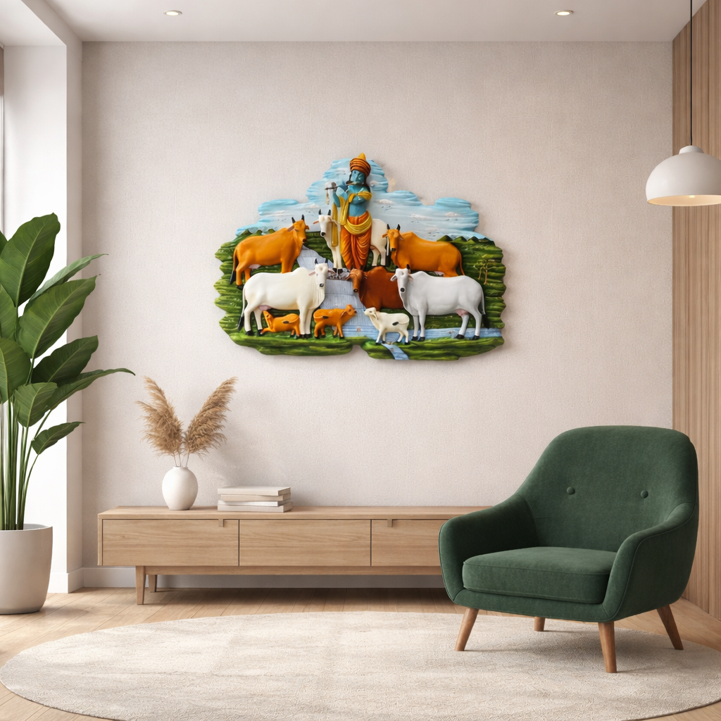 Krishna with Sacred Cows Wall Art – Traditional Indian Spiritual Home Décor | Style 1