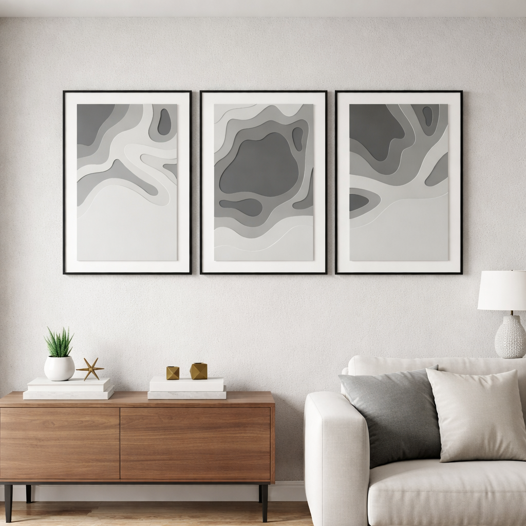Modern Abstract Grey Wall Art – Minimalist Framed Prints (Set of 3) | Style 2