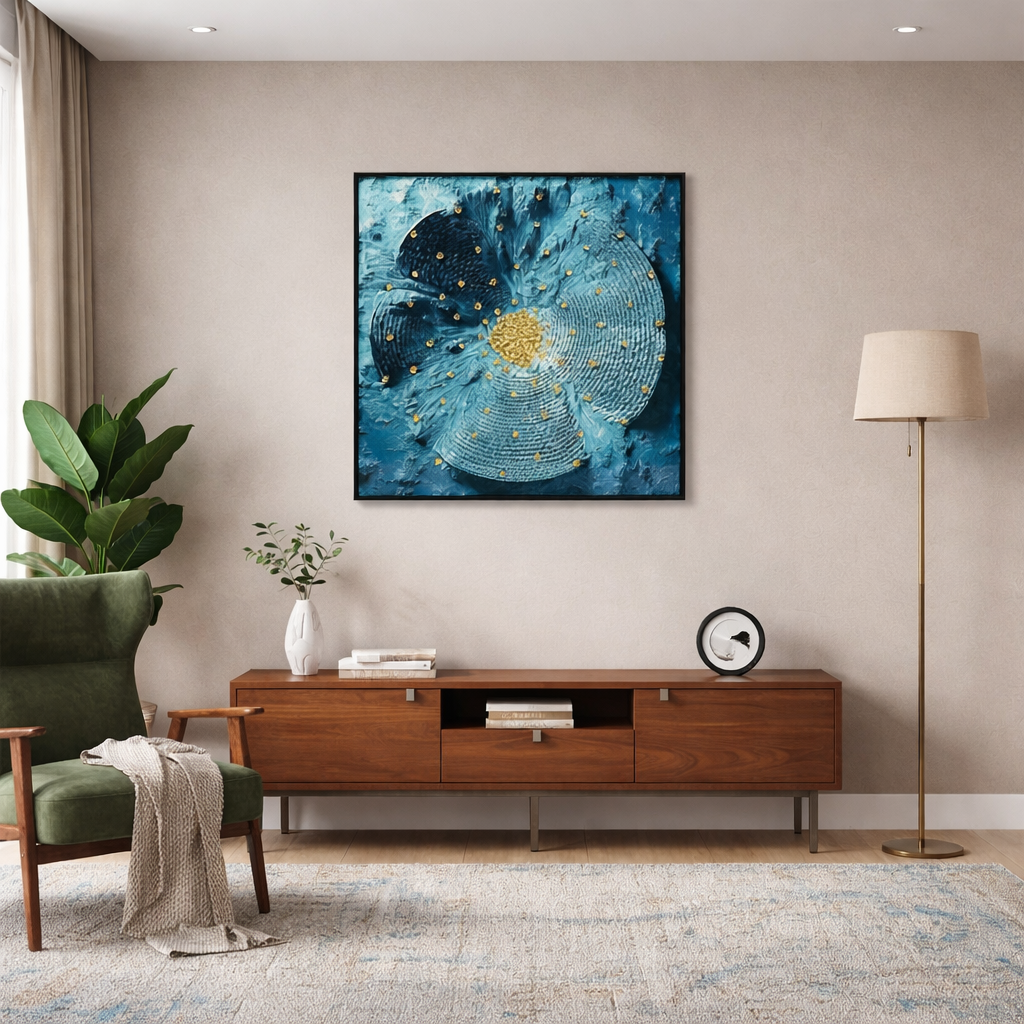 Blue & Gold Abstract Floral Wall Art – Modern Textured Statement Painting