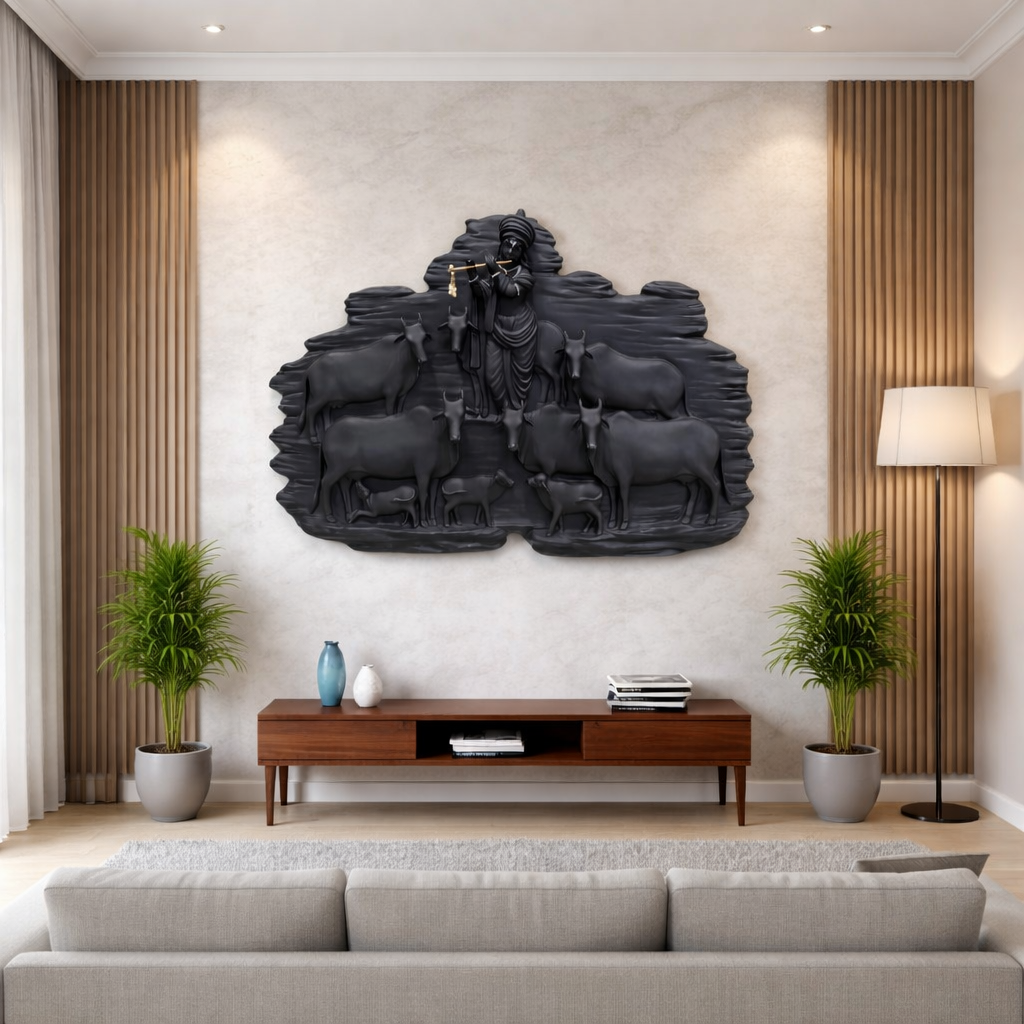 Krishna with Sacred Cows Wall Art – Traditional Indian Spiritual Home Décor | Style 2