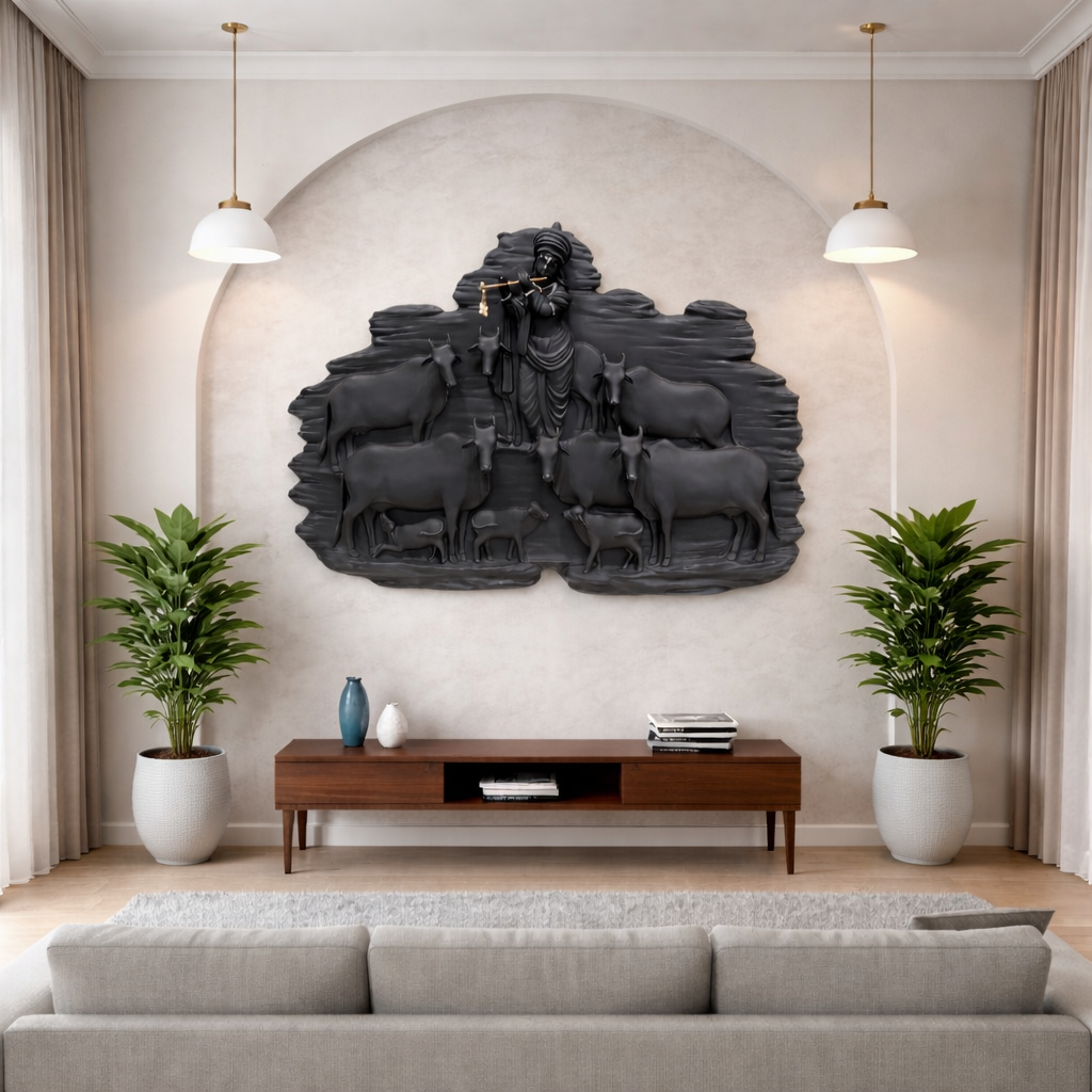 Krishna with Sacred Cows Wall Art – Traditional Indian Spiritual Home Décor | Style 2