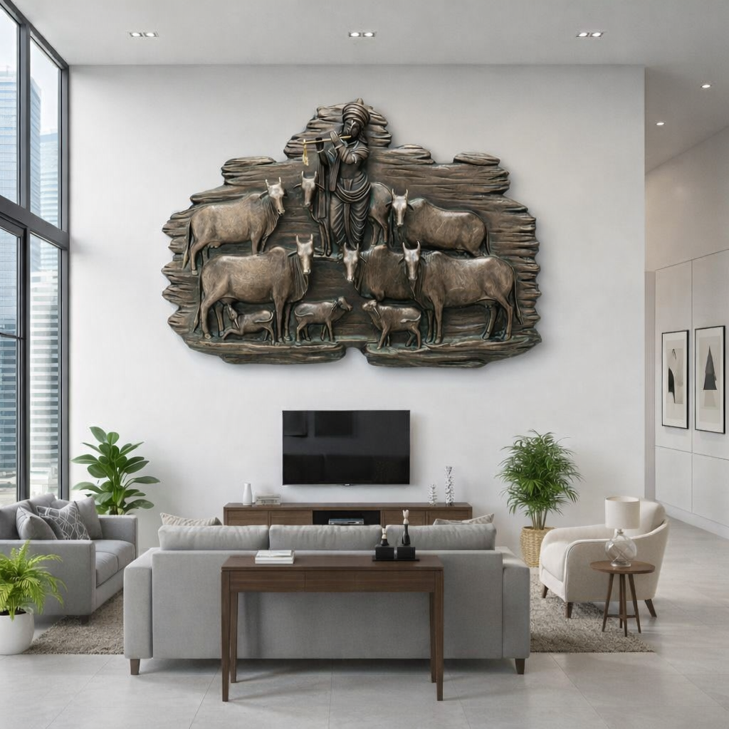 Krishna with Sacred Cows Wall Art – Traditional Indian Spiritual Home Décor | Style 3