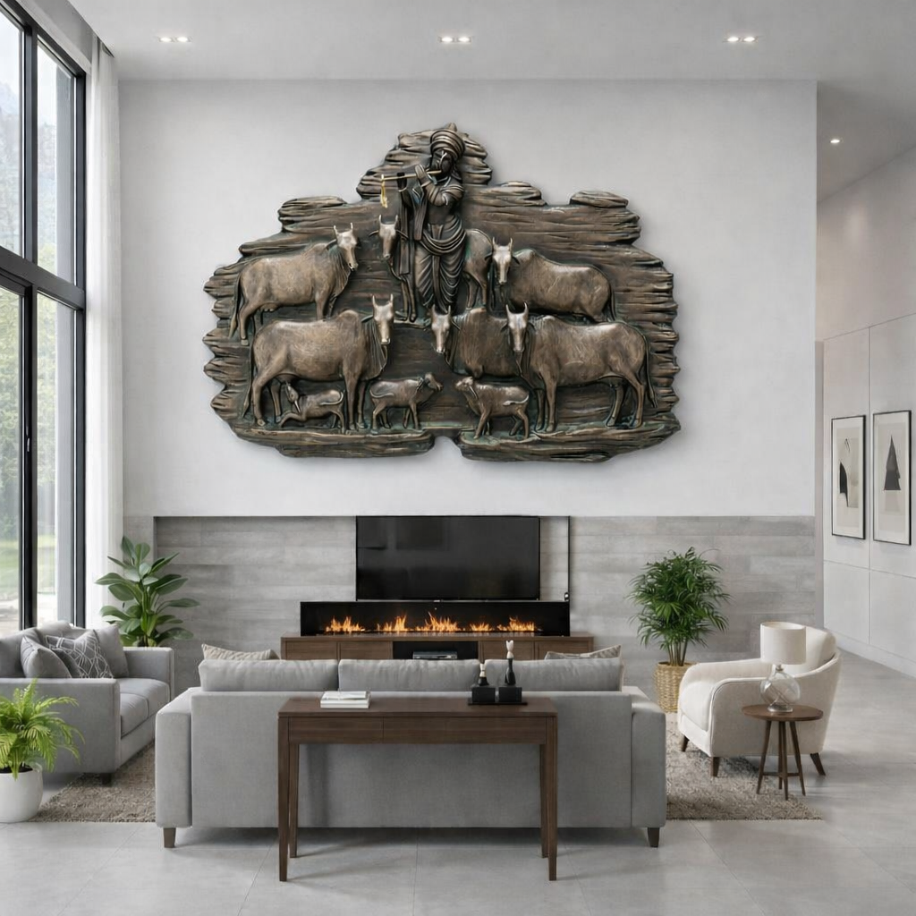 Krishna with Sacred Cows Wall Art – Traditional Indian Spiritual Home Décor | Style 3