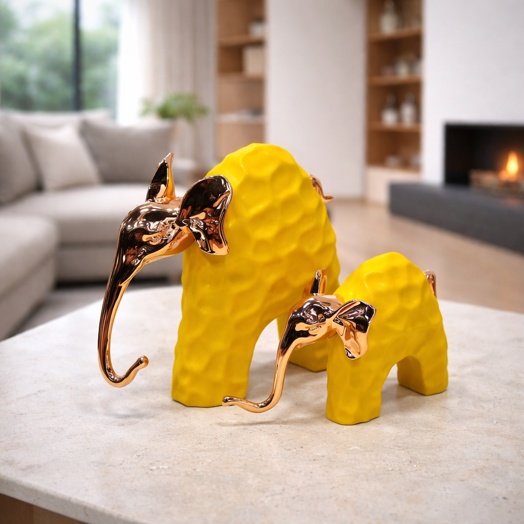 Modern Decorative Elephant Showpiece Set with Gold Finish (2 Pieces)