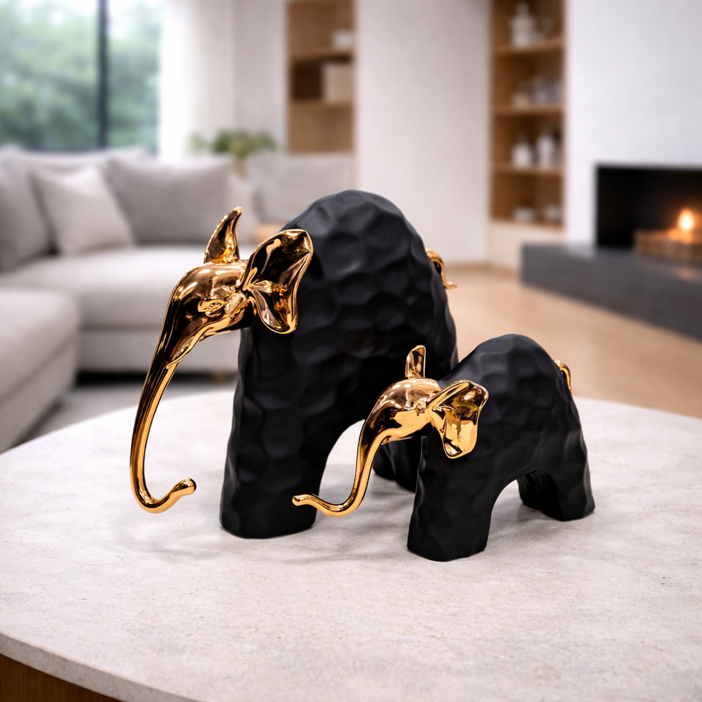 Modern Decorative Elephant Showpiece Set with Gold Finish (2 Pieces)