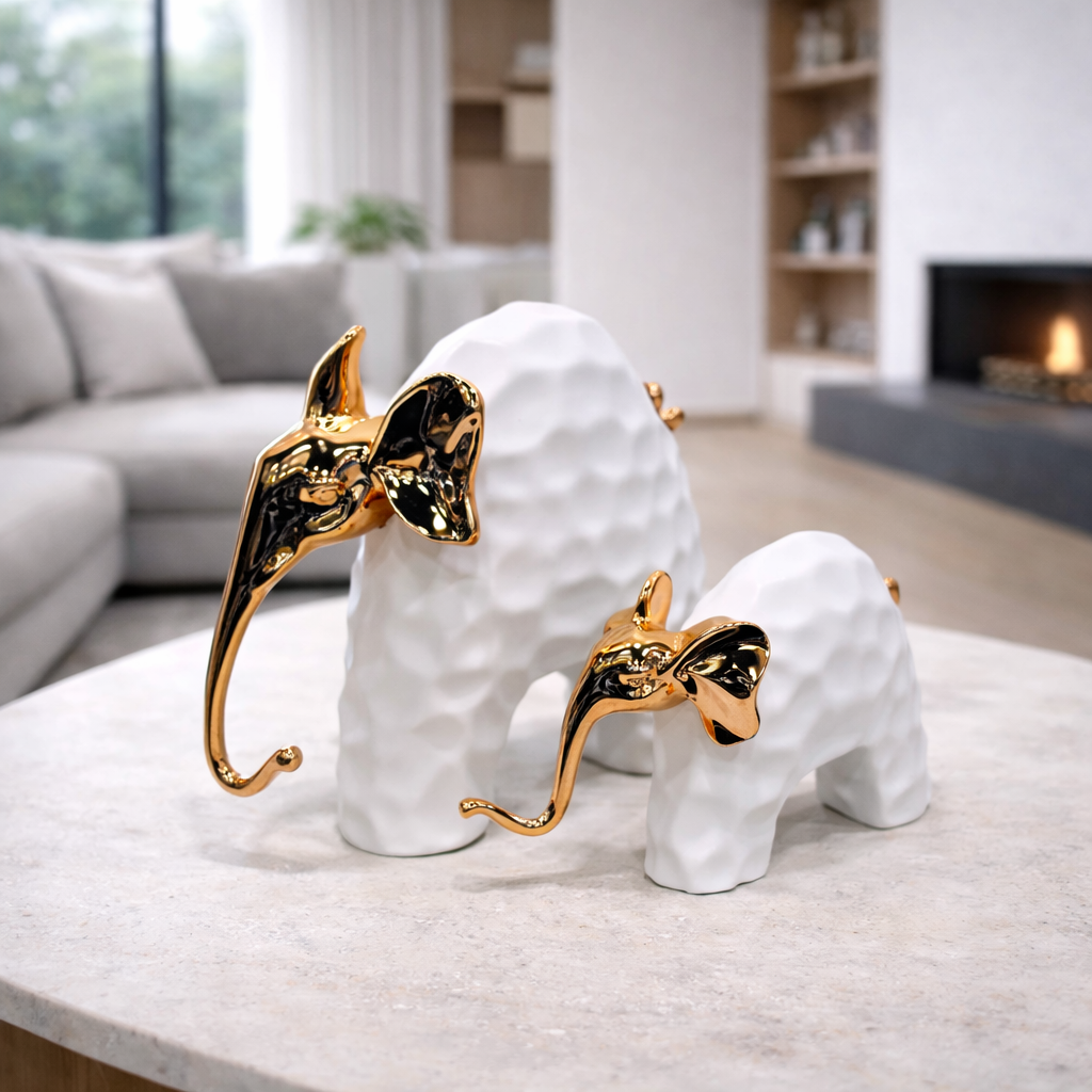Modern Decorative Elephant Showpiece Set with Gold Finish (2 Pieces)