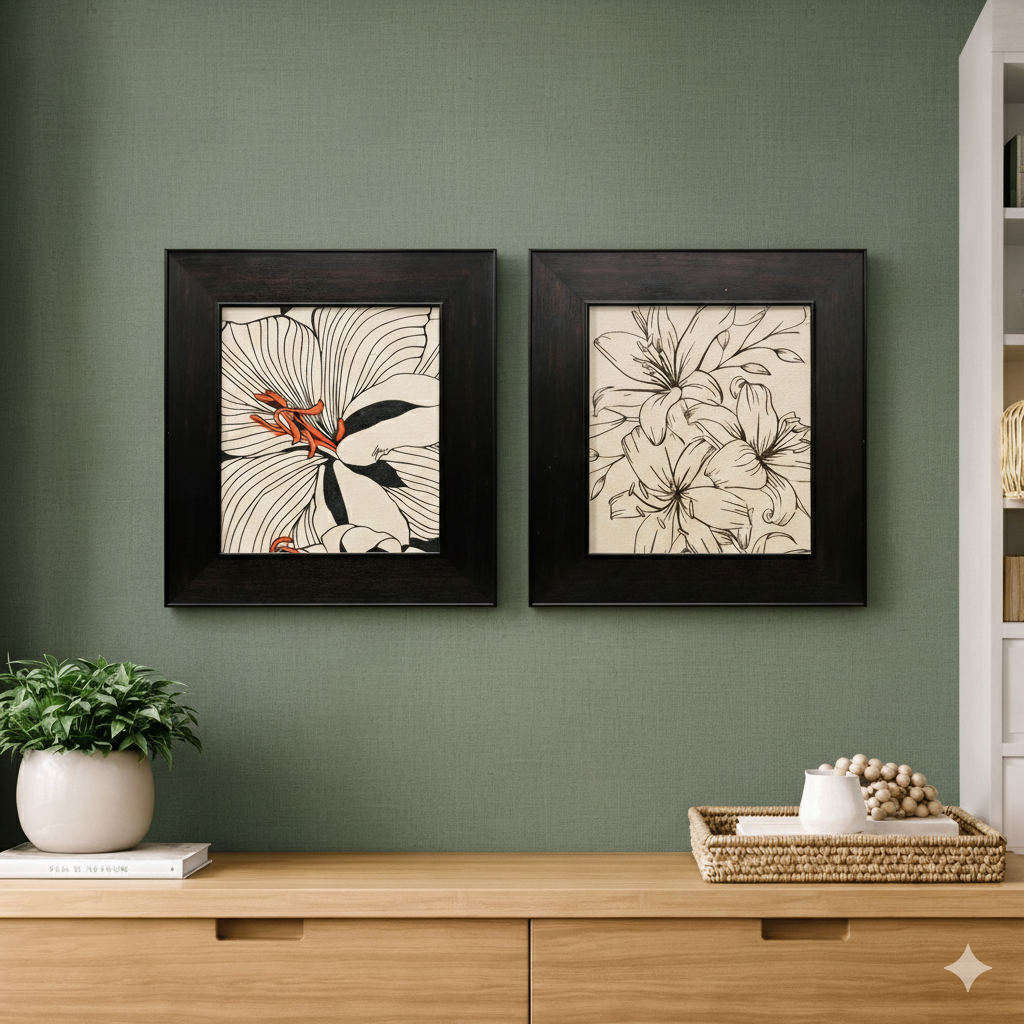 Modern Floral Line Art Wall Décor – Black Framed Art Set
