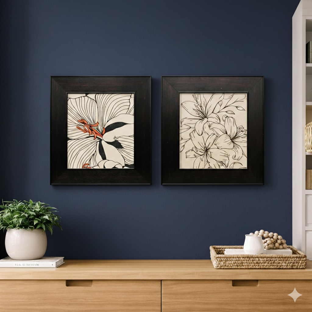 Modern Floral Line Art Wall Décor – Black Framed Art Set