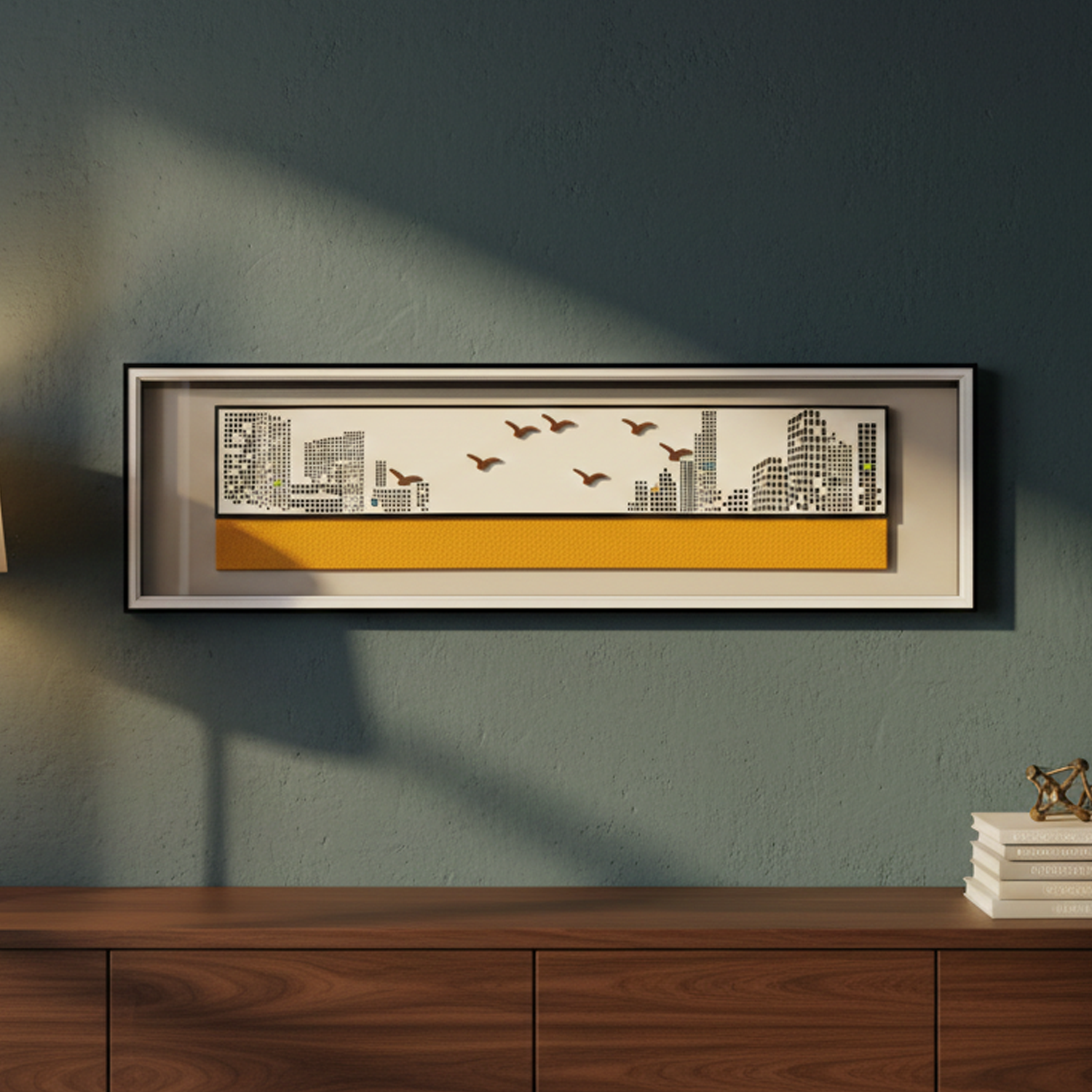 Modern Urban Skyline & Birds Relief - Long Glass Frame