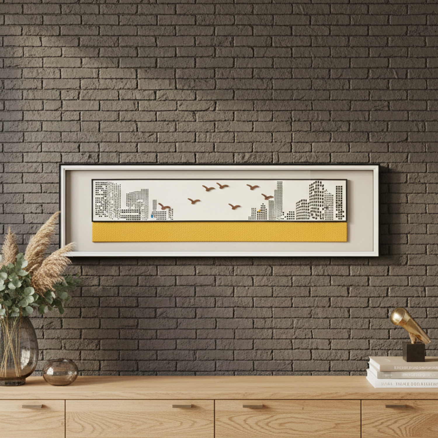 Modern Urban Skyline & Birds Relief - Long Glass Frame